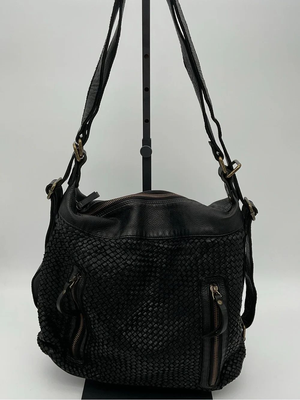Milo Woven Leather Black Sienna Shoulder Bag/Backpack